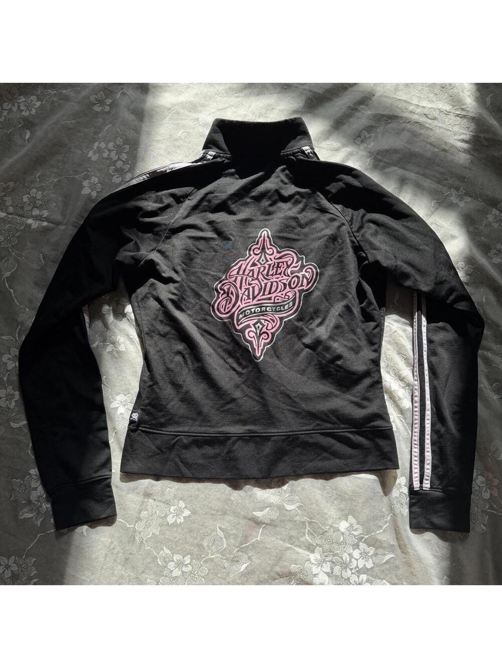 Vintage y2k Black and pink zip up jacket with Harley Davidson print on back